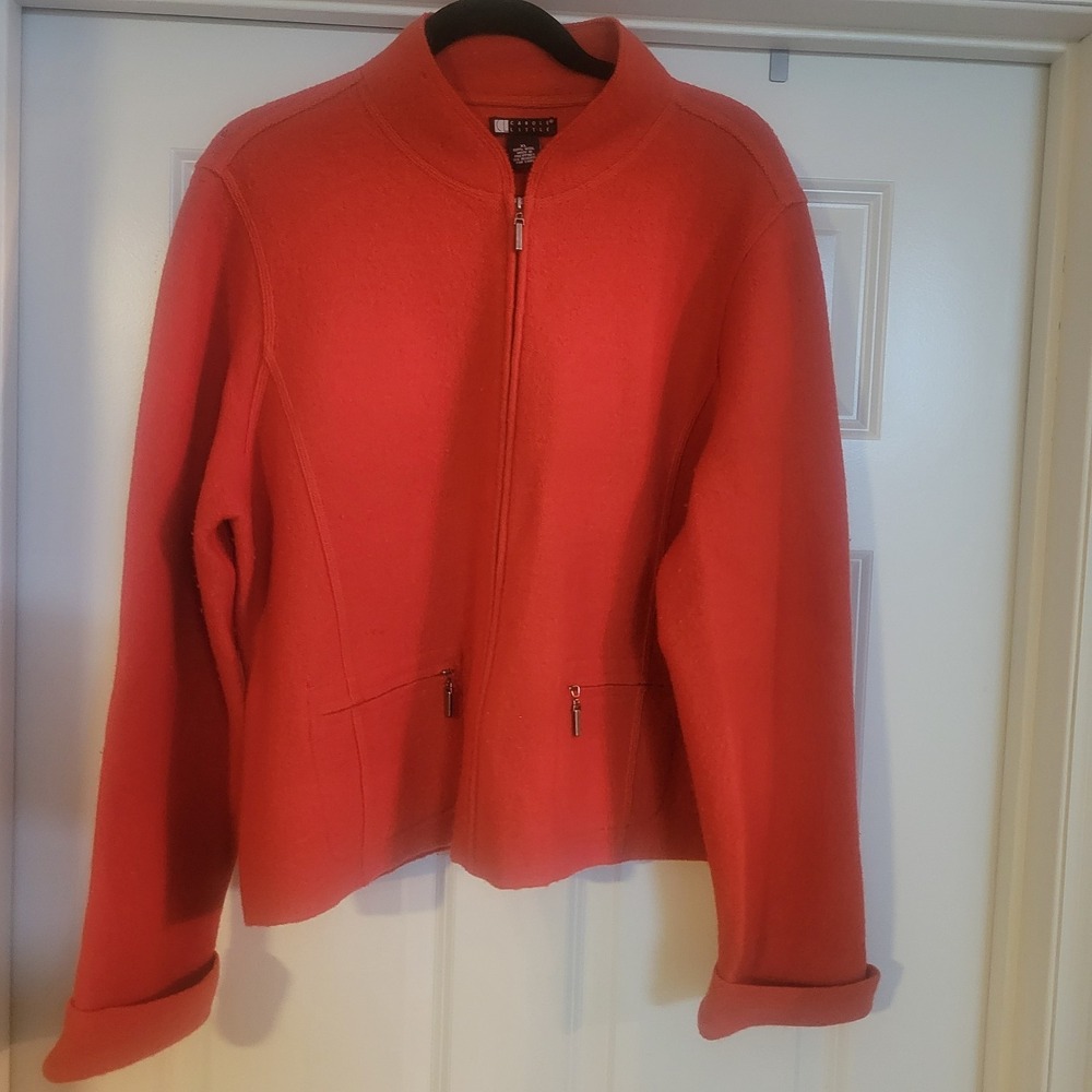 Carole Little Womens Orange Wool Zip Up Jacket  XL Collar Pockets,  HOLES Crafts